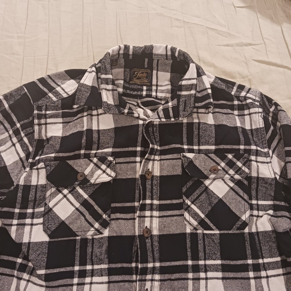 Jachs Mens L Plaid Heritage Flannel Button Down Shirt Black White Outdoor Biker - Picture 2 of 7